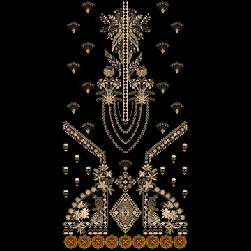 All over embroidery shirt front design neckline and daman , digital and textile print on fabric.