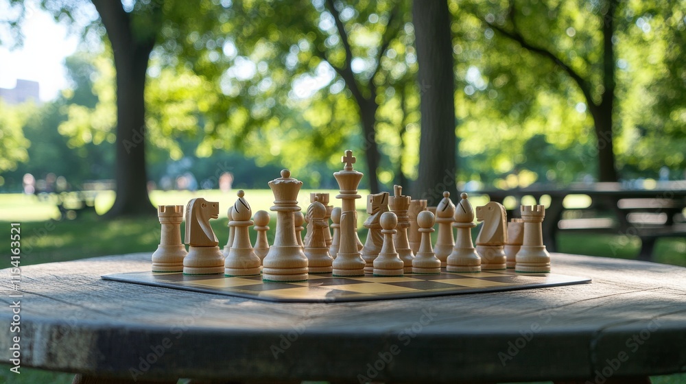 Poster An elaborate chess setup in a quiet park, Chess pieces and board neatly placed on a picnic table, Minimalist intellectual style