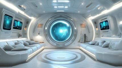 Fototapeta premium Futuristic spaceship lounge with large portal window.