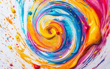 A massive tornado made of swirling colorful paint, spiraling upwards with intense energy. The vibrant liquid paint twists and blends into mesmerizing patterns on bright white background