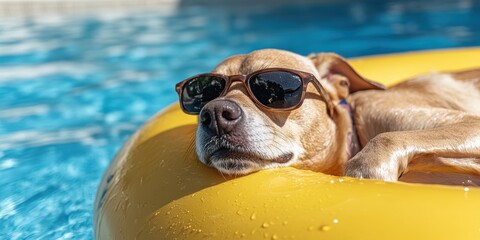 A stylish dog in sunglasses lounges on a yellow float in a sparkling pool, embodying summer relaxation and canine coolness.