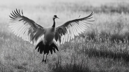 Fototapeta premium Crane Spreads Wings Black White Photo