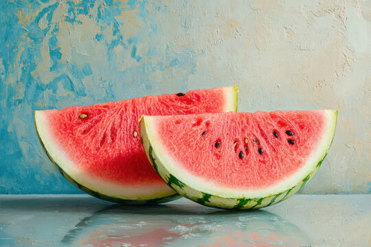 Watermelon by Michaela: Close-up shot of a juicy watermelon slice with vibrant red flesh and black seeds, served on a rustic wooden table under the summer sun.
