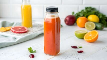 A close-up shot of a glass bottle filled with a vibrant orange-red juice. The bottle stands upright on a white surface, surrounded by a variety of fresh fruits