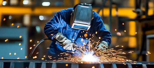 An engineer in overalls and protection, welding a steel structure in a factory. horizontal