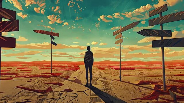 A man stands before multiple signposts on a desert path, symbolizing life choices and indecision.