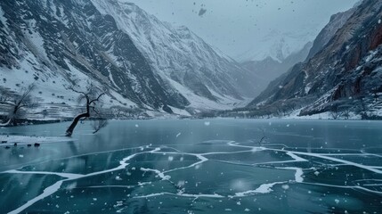 Frozen lake in snowy mountains, winter landscape.
