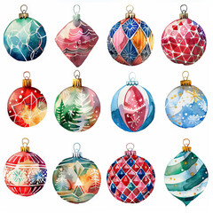 Watercolor colorful hand-painted Christmas balls, decorated in the form of a grid, with various drawings and details of it on a white background.