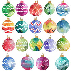 Watercolor colorful hand-painted Christmas balls, decorated in the form of a grid, with various drawings and details of it on a white background.