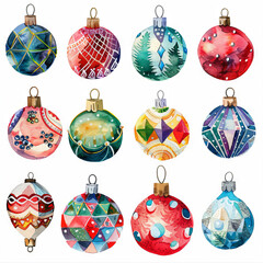 Watercolor colorful hand-painted Christmas balls, decorated in the form of a grid, with various drawings and details of it on a white background.
