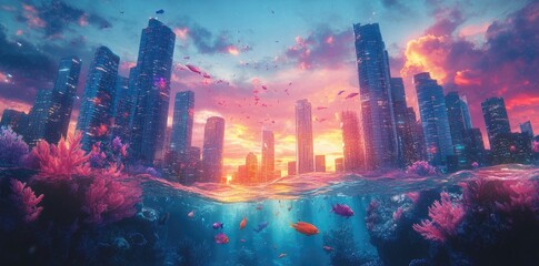 Obraz premium A Submerged Cityscape At Sunset With Colorful Fish