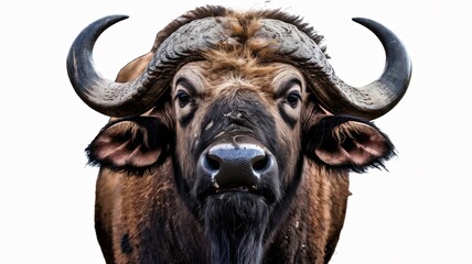 Naklejka premium Close-up of a wild buffalo face on a white background.