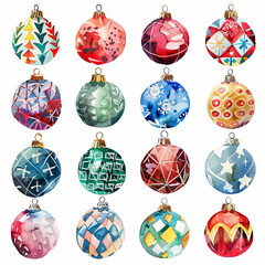 Watercolor colorful hand-painted Christmas balls, decorated in the form of a grid, with various drawings and details of it on a white background.