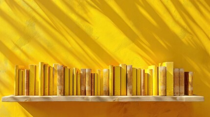 Obraz premium Yellow books on wooden shelf against yellow wall with sunlight shadows.