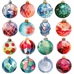 Watercolor colorful hand-painted Christmas balls, decorated in the form of a grid, with various drawings and details of it on a white background.