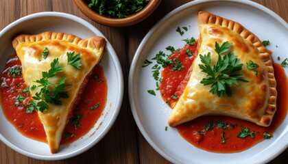 Delicious Brazilian Empada Served with Fresh Sauce and Garnish on Wooden Table