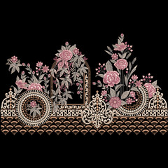Textile embroidery daman border shirt front design , seamless pattern leafs leaves ornaments for digital and textile print on fabric. © Ali