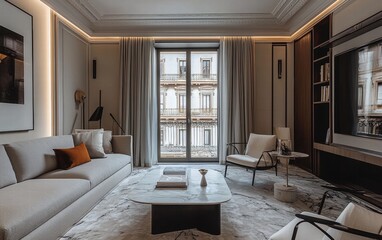 A stylish Italian apartment with marble flooring, contemporary furniture, and warm lighting, featuring a balcony view of a historic street