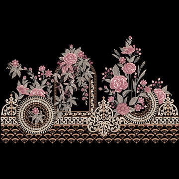 Textile embroidery daman border shirt front design , seamless pattern leafs leaves ornaments for digital and textile print on fabric.