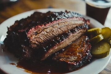 White plate with meat and pickles