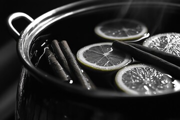 Fototapeta premium Pot of Lemon Slices and Cinnamon Sticks
