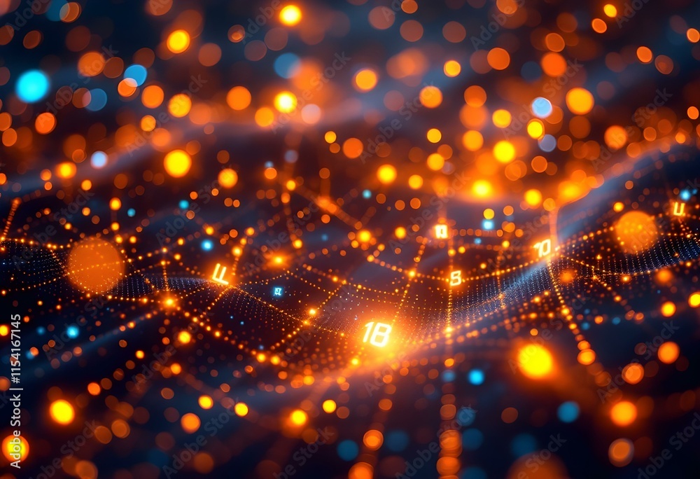 Poster glowing orange and blue digital network with light particles. abstract technology background with bo