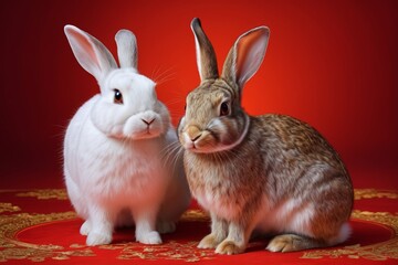 Obraz premium there are two rabbits sitting next to each other on a red surface