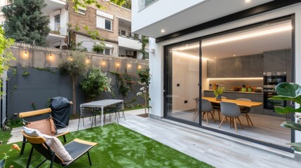 Modern home's backyard with patio, grass, and sliding glass doors revealing contemporary kitchen and dining area.