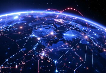 Fototapeta premium Global digital network over Earth planet surface at night. World internet connections, international communications technology. Space view with city lights and data streams