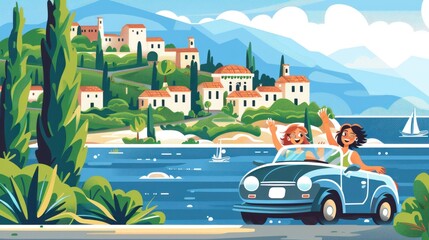 Happy women in convertible car enjoying coastal town view.