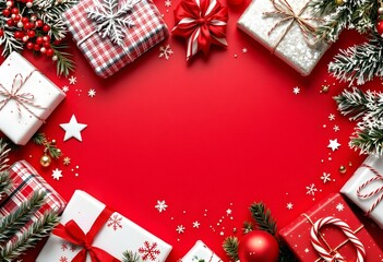 Christmas gifts and decorations frame on red background. Holiday presents with ribbons, ornaments, pine branches and stars. Winter festive border for greeting card design with copy space