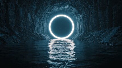 A glowing circular portal illuminates a dark tunnel, reflecting on the water's surface, creating a mysterious and surreal atmosphere.