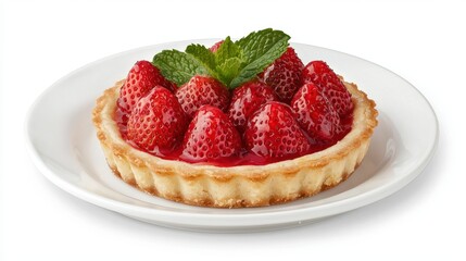 A delicious strawberry tart topped with fresh strawberries and mint on a white plate.