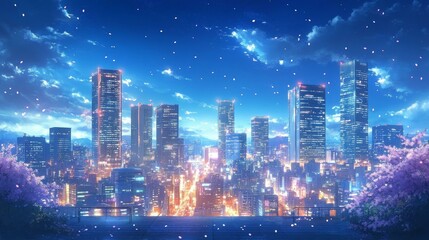 Obraz premium Anime Cityscape at Night with Cherry Blossoms