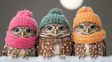 Fototapeta premium Three adorable owls wearing colorful knitted hats and scarves, standing together against a soft background.