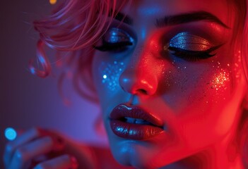 Close-up of a woman's face with pink hair and glitter makeup under red and blue lights.