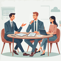 Partners meeting for business discussion with documents and laptop on desk. Couple at round table, speaking, discussing work, partnership. Flat vector on a white background