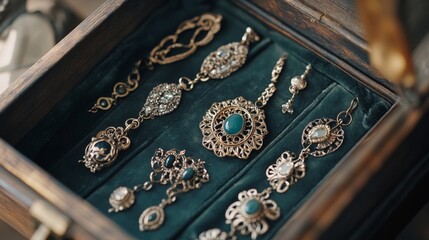 Vintage jewelry box with intricate gold and emerald pieces displayed on velvet lining
