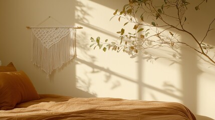 Cozy bohemian bedroom decor with macrame wall hanging serene atmosphere natural light relaxing vibe