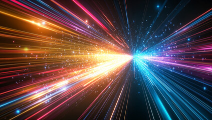 Obraz premium Blue laser beam effect dash with high-speed shine and emit colorful light on dark black background convey sense of energy move in straight line dynamic on cosmic perfect for science fictional