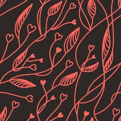 Hearts Leaves pattern, romantic print for Valentine's Day. Love texture, seamless pattern for Valentines day - romantic wallpaper with hand drawn lined hearts with leaves. Black Pink love background.