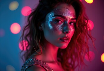 A woman with sparkling makeup poses under colorful lights