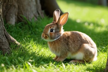 Fototapeta premium there is a rabbit that is sitting in the grass by a tree
