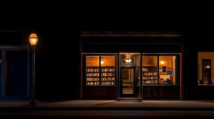 Night bookstore exterior, warmly lit windows, streetlamp.