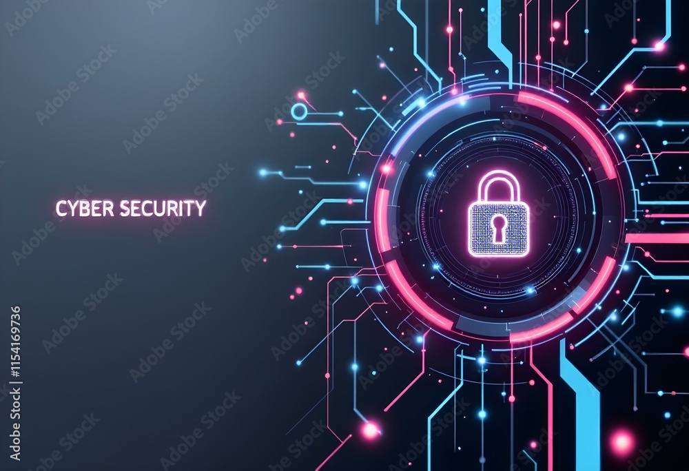 Poster digital cybersecurity lock inside glowing neon circle with circuit pattern on dark background. netwo
