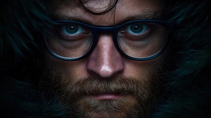 A close-up portrait of a man with intense eyes and glasses, surrounded by dark fur, conveying a mysterious and contemplative mood, Ideal for themes of introspection, character studies