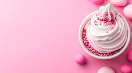 Delicious pink whipped dessert in a bowl, adorned with colorful sprinkles, set against a soft pink background, Perfect for food blogs, menus, or marketing sweet treats,