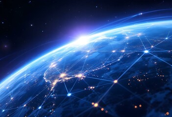 Obraz premium Global digital network over Earth's horizon at night. Communication technology, internet connectivity worldwide. Space view of planet with glowing data links and city lights
