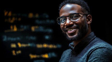 A Smiling Man Wearing Glasses Against a Dark Background