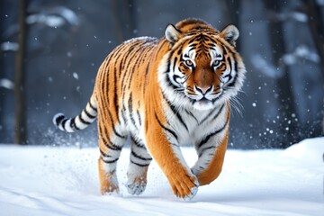 Obraz premium tiger walking in the snow in front of a forest